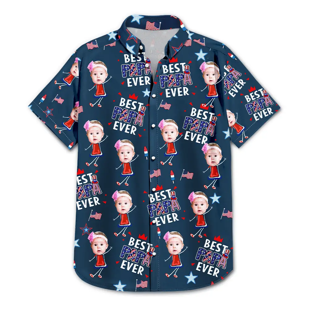 Gift For Mother,Gift For Grandma,Happy,Gift For Father,Gift For Grandpa,Summer,Independence Day,Non-Eng,Photo,Icon,Humorous - Custom Photo Stars & Stripes Best Dad Mom Grandpa Grandma Ever - Personalized Hawaiian Shirt