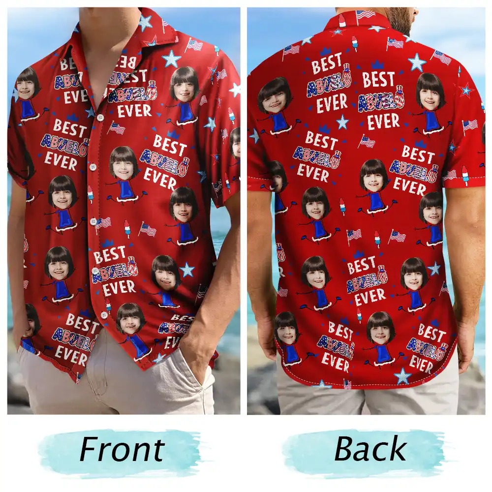 Gift For Mother,Gift For Grandma,Happy,Gift For Father,Gift For Grandpa,Summer,Independence Day,Non-Eng,Photo,Icon,Humorous - Custom Photo Stars & Stripes Best Dad Mom Grandpa Grandma Ever - Personalized Hawaiian Shirt