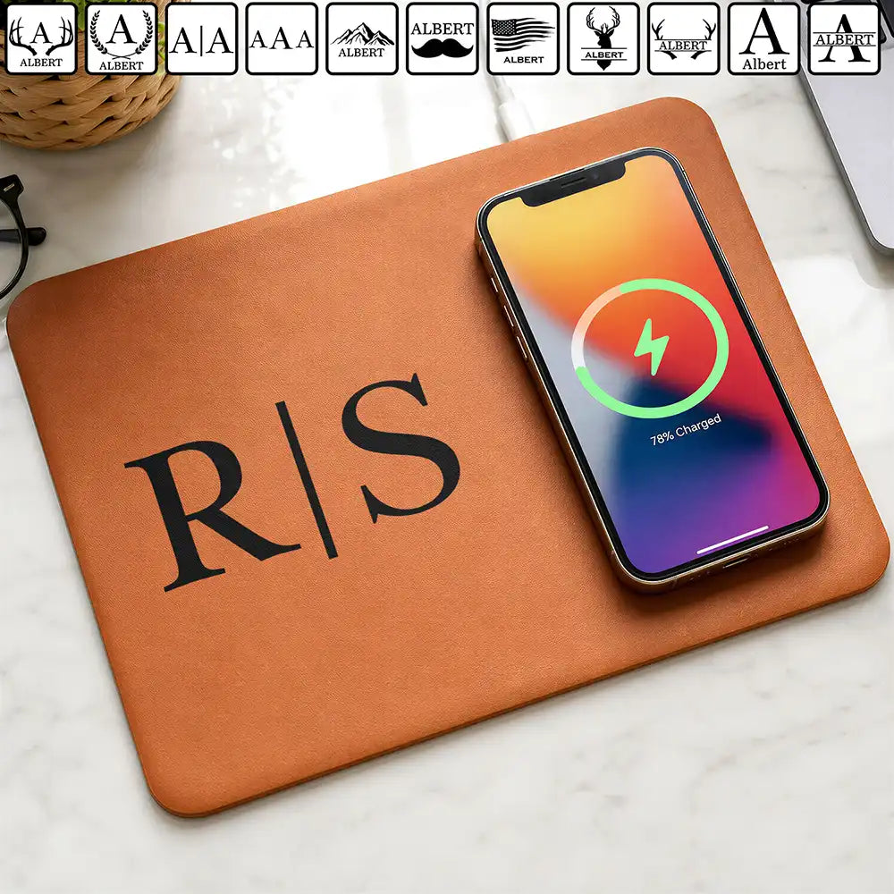 Gift For Yourself,Gift For Men,Gift For Boyfriend,Gift For Husband,Gift For Father,Non-Eng,Icon,Confident - Simple Monogram Initial Name - Personalized Leather Charging Mat