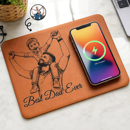 Custom Photo Pencil Sketch Best Dad Ever - Personalized Leather Charging Mat