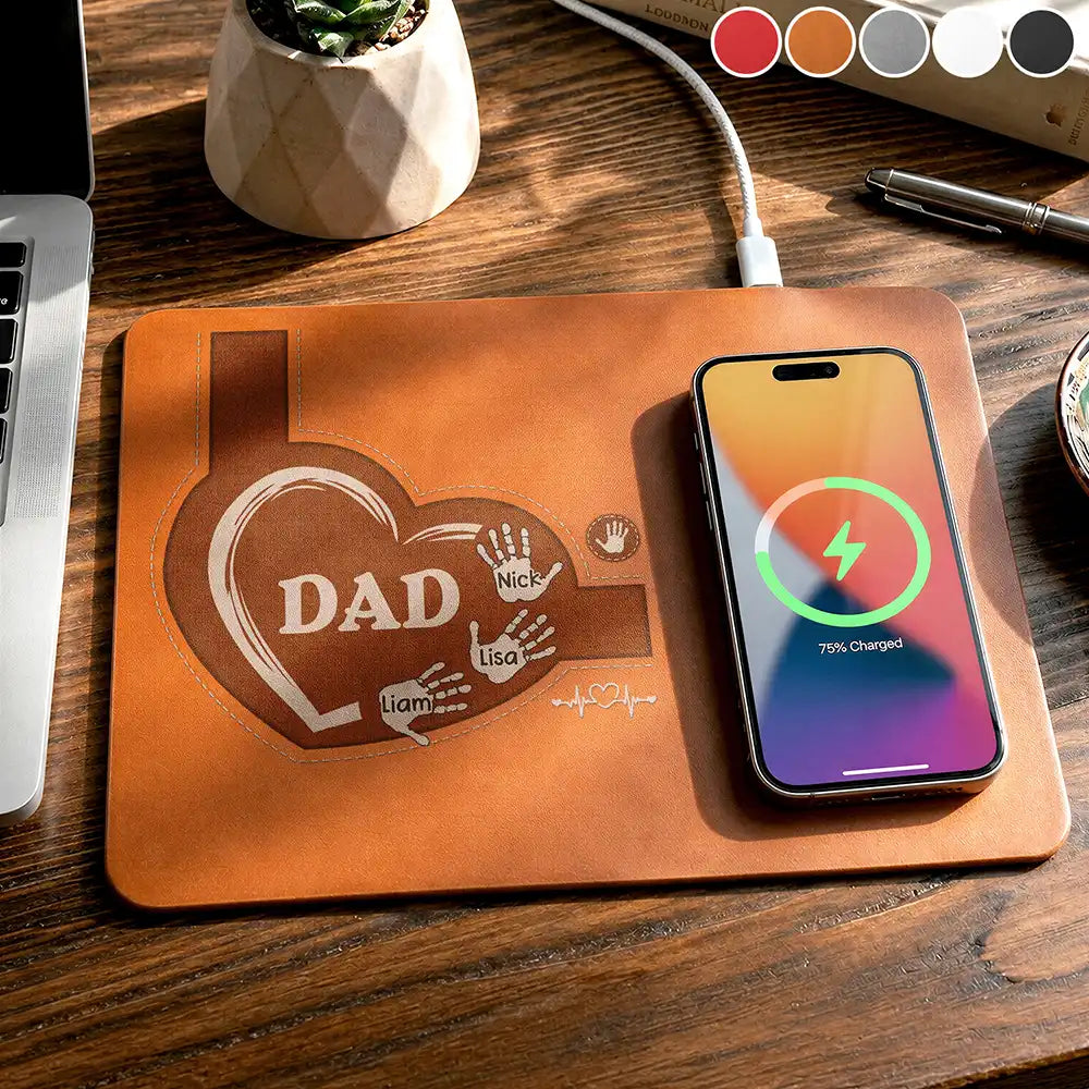 Grandpa Dad Kids Handprints - Personalized Leather Charging Mat