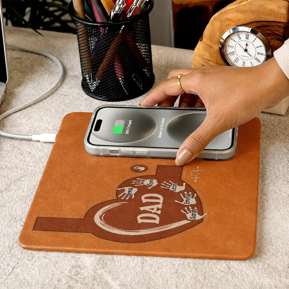 Gift For Father,Gift For Grandpa,Grandpa - Grandkids,Non-Eng,Icon,Proud - Grandpa Dad Kids Handprints - Personalized Leather Charging Mat