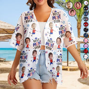 Gift For Mother,Gift For Grandma,Happy,Summer,Independence Day,Photo,Icon,Humorous - Custom Photo Stars & Stripes Best Mom Grandma Ever - Personalized Women Kimono Cardigan