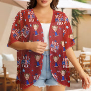 Gift For Mother,Gift For Grandma,Happy,Summer,Independence Day,Photo,Icon,Humorous - Custom Photo Stars & Stripes Best Mom Grandma Ever - Personalized Women Kimono Cardigan