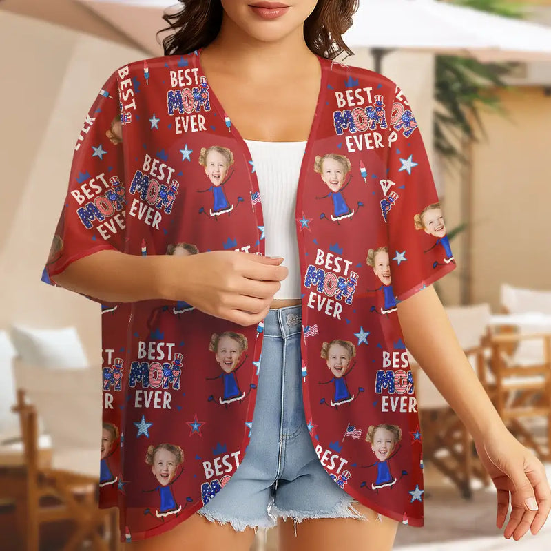 Gift For Mother,Gift For Grandma,Happy,Summer,Independence Day,Photo,Icon,Humorous - Custom Photo Stars & Stripes Best Mom Grandma Ever - Personalized Women Kimono Cardigan