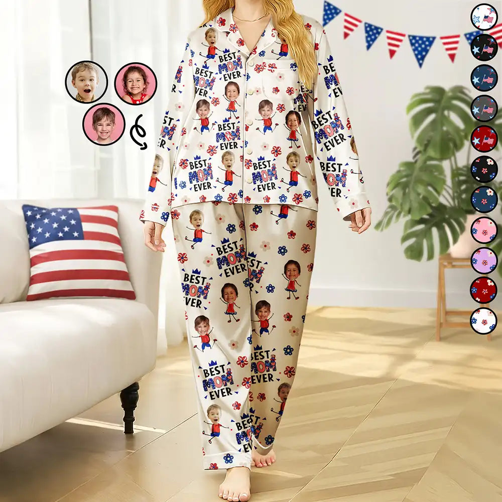 Gift For Mother,Gift For Grandma,Happy,Independence Day,Photo,Icon,Humorous - Custom Photo Stars & Stripes Best Mom Grandma Ever - Personalized Satin Pajama Set