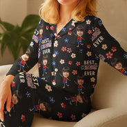 Gift For Mother,Gift For Grandma,Happy,Independence Day,Photo,Icon,Humorous - Custom Photo Stars & Stripes Best Mom Grandma Ever - Personalized Satin Pajama Set