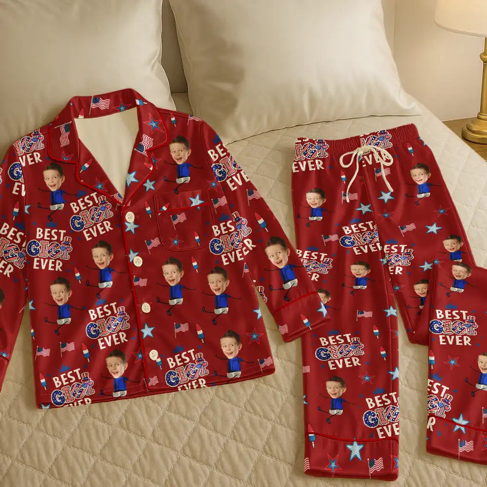 Gift For Mother,Gift For Grandma,Happy,Independence Day,Photo,Icon,Humorous - Custom Photo Stars & Stripes Best Mom Grandma Ever - Personalized Satin Pajama Set