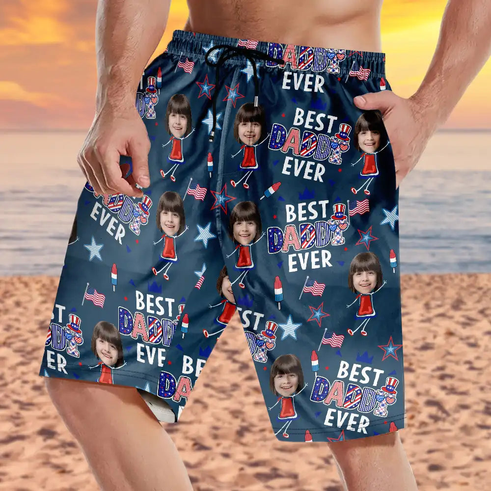 Gift For Mother,Gift For Grandma,Happy,Gift For Father,Gift For Grandpa,Summer,Independence Day,Photo,Icon,Humorous - Custom Photo Stars & Stripes Best Dad Mom Grandpa Grandma Ever - Personalized Unisex Beach Shorts