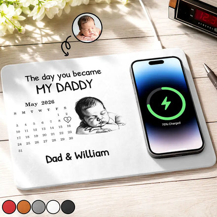Custom Photo Pencil Sketch Calendar The Day You Became My Mom Dad - Personalized Leather Charging Mat