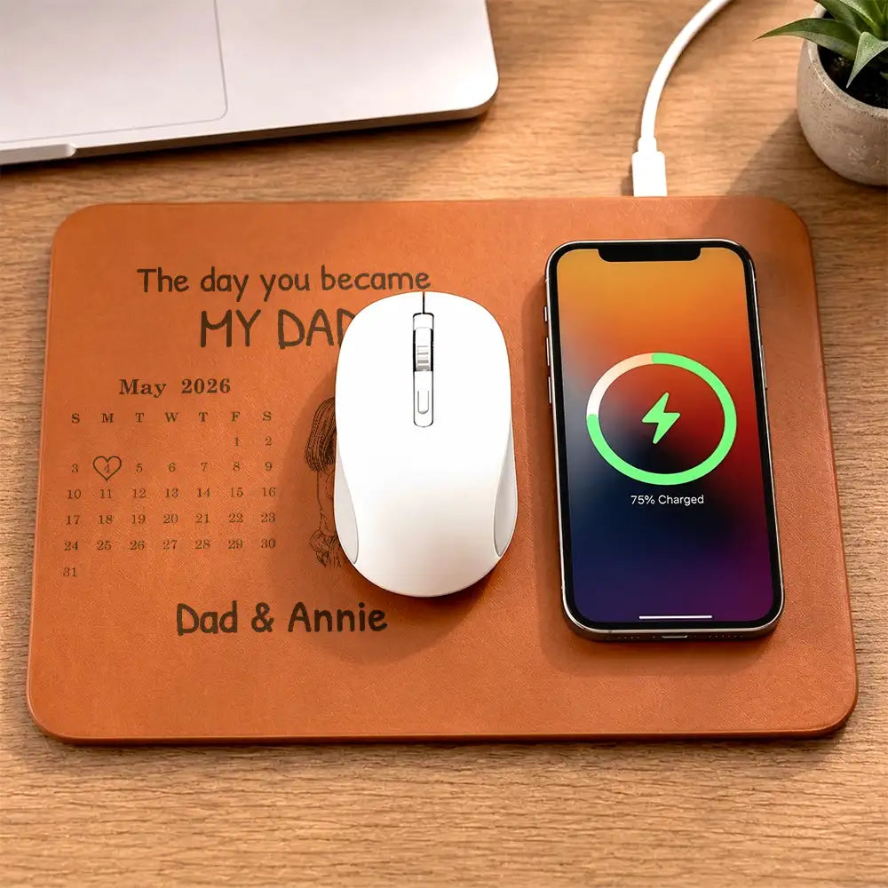 Custom Photo Pencil Sketch Calendar The Day You Became My Mom Dad - Personalized Leather Charging Mat