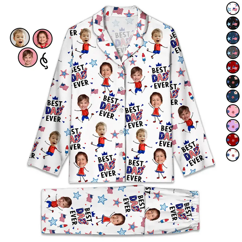 Gift For Mother,Gift For Grandma,Happy,Gift For Father,Gift For Grandpa,Independence Day,Photo,Icon,Humorous - Custom Photo Stars & Stripes Best Dad Mom Grandpa Grandma Ever - Personalized Long Pajamas Set