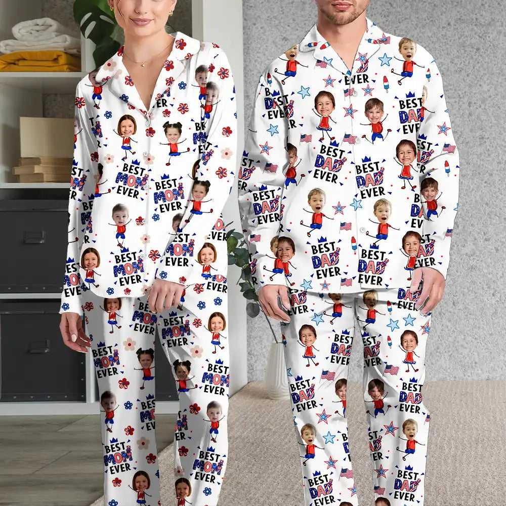 Gift For Mother,Gift For Grandma,Happy,Gift For Father,Gift For Grandpa,Independence Day,Photo,Icon,Humorous - Custom Photo Stars & Stripes Best Dad Mom Grandpa Grandma Ever - Personalized Long Pajamas Set