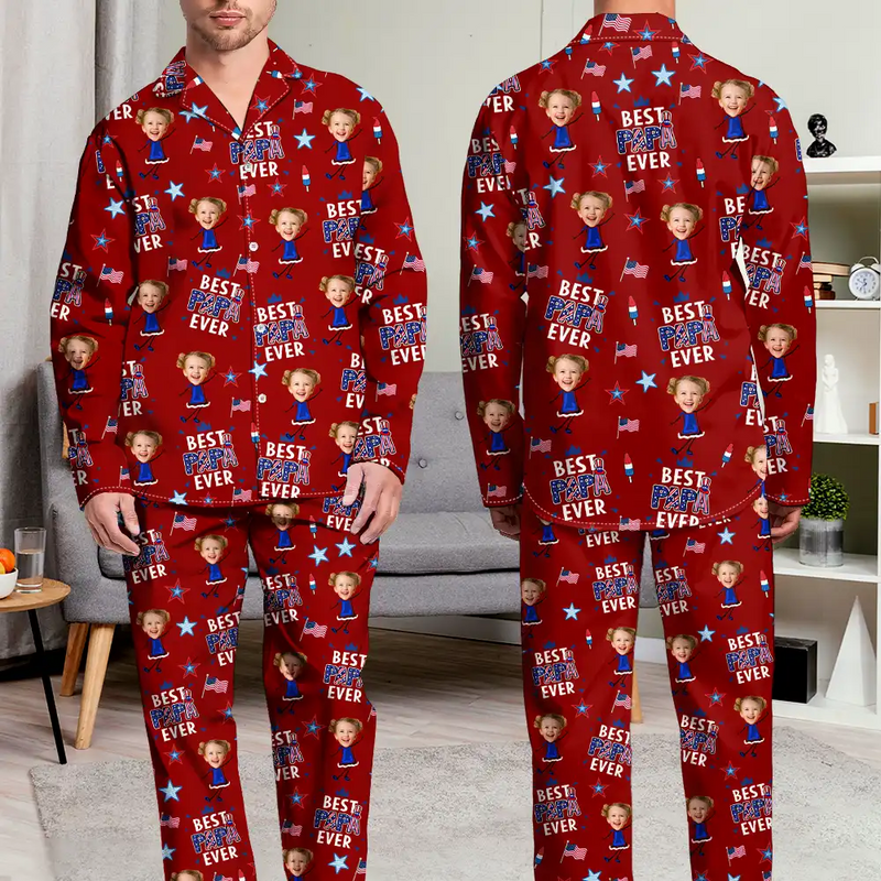 Gift For Mother,Gift For Grandma,Happy,Gift For Father,Gift For Grandpa,Independence Day,Photo,Icon,Humorous - Custom Photo Stars & Stripes Best Dad Mom Grandpa Grandma Ever - Personalized Long Pajamas Set