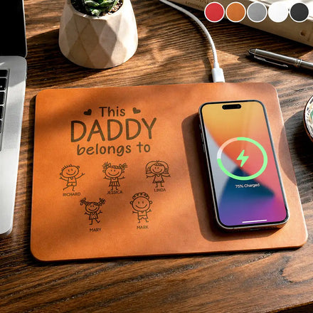 This Grandpa Belongs To Kid Stick Figure - Personalized Leather Charging Mat