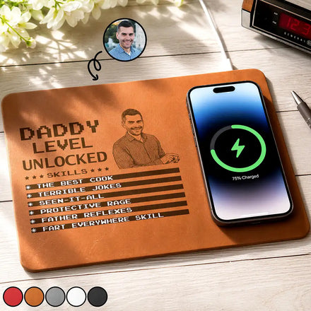 Custom Photo Bold Sketch Gaming Dad Level Unlocked - Personalized Leather Charging Mat