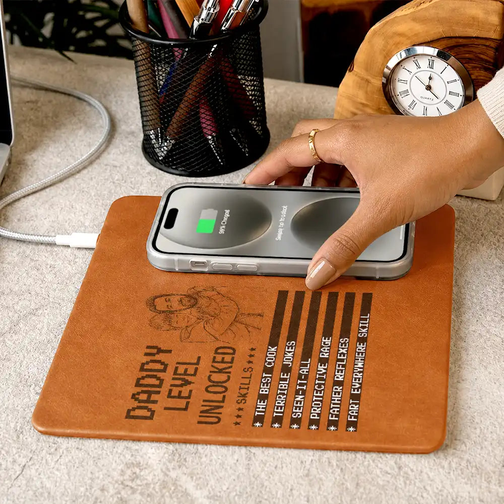Gift For Father,Gift For Grandpa,Grandpa - Grandkids,Non-Eng,Photo - Pencil Sketch (Bold),Humorous - Custom Photo Bold Sketch Gaming Dad Level Unlocked - Personalized Leather Charging Mat