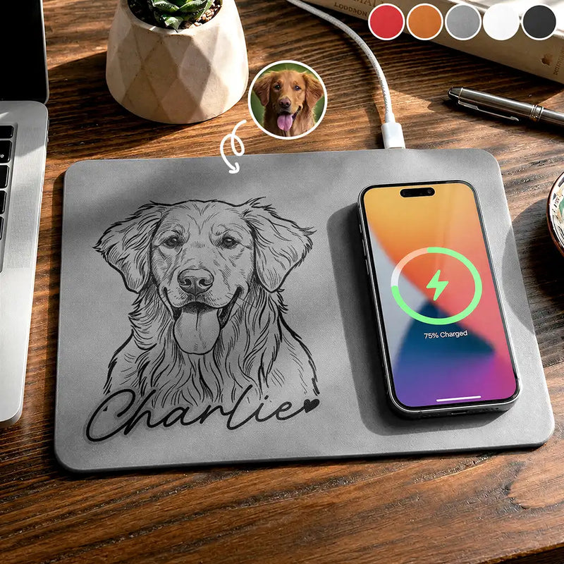 Custom Photo,Family,Pet Lovers,Pet Mom,Pet Dad,Non-Eng,Photo - Pencil Sketch (Bold),Playful - Custom Photo Bold Sketch Pet Portrait Pet Lovers - Personalized Leather Charging Mat