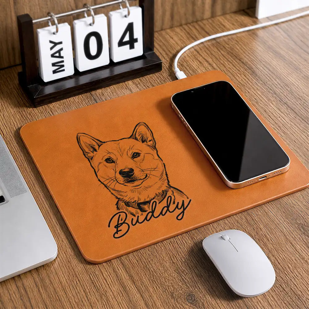 Custom Photo,Family,Pet Lovers,Pet Mom,Pet Dad,Non-Eng,Photo - Pencil Sketch (Bold),Playful - Custom Photo Bold Sketch Pet Portrait Pet Lovers - Personalized Leather Charging Mat
