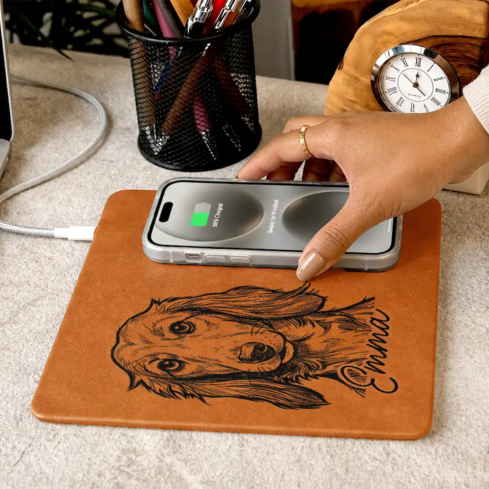 Custom Photo,Family,Pet Lovers,Pet Mom,Pet Dad,Non-Eng,Photo - Pencil Sketch (Bold),Playful - Custom Photo Bold Sketch Pet Portrait Pet Lovers - Personalized Leather Charging Mat