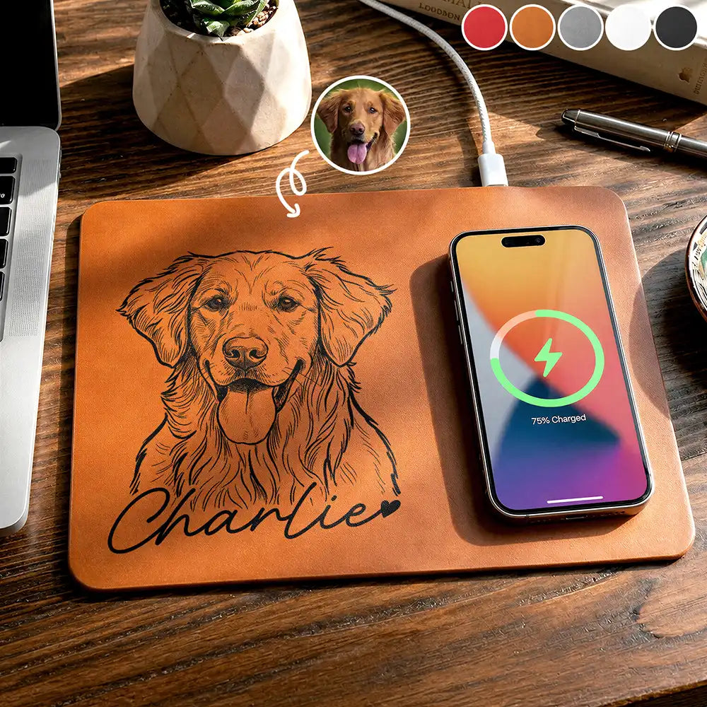 Custom Photo,Family,Pet Lovers,Pet Mom,Pet Dad,Non-Eng,Photo - Pencil Sketch (Bold),Playful - Custom Photo Bold Sketch Pet Portrait Pet Lovers - Personalized Leather Charging Mat