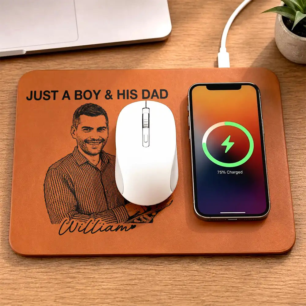 Custom Photo,Gift For Father,Dad - Daughters (Adult),Non-Eng,Photo - Pencil Sketch (Bold),Proud - Custom Photo Bold Sketch Just A Dad And His Girl - Personalized Leather Charging Mat