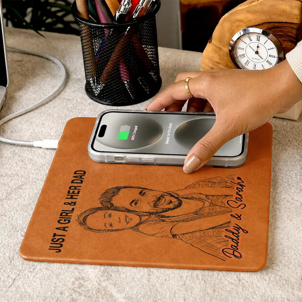 Custom Photo Bold Sketch Just A Dad And His Girl - Personalized Leather Charging Mat