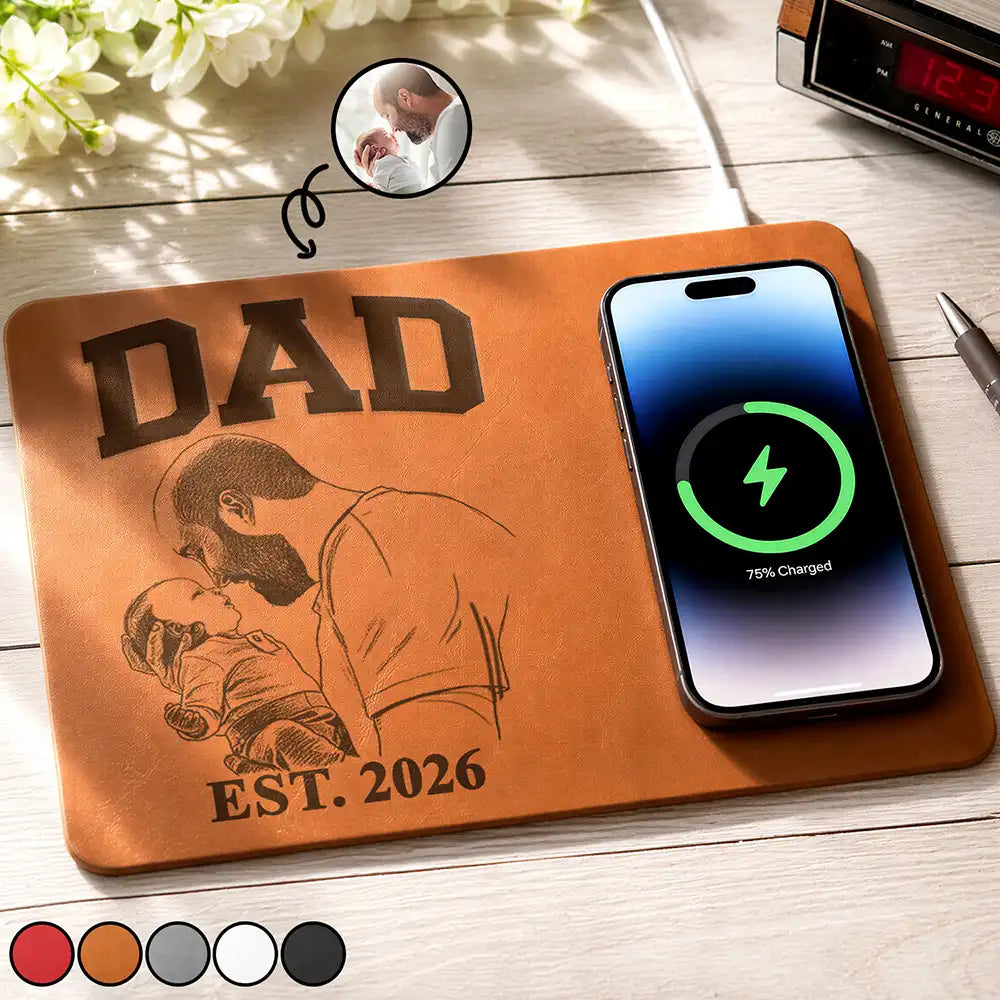 Custom Photo,Gift For Father,Gift For Grandpa,Dad - Children,Photo - Pencil Sketch (Bold),Adorable - Custom Photo Bold Sketch Dad Grandpa EST - Personalized Leather Charging Mat