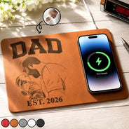 Custom Photo,Gift For Father,Gift For Grandpa,Dad - Children,Photo - Pencil Sketch (Bold),Adorable - Custom Photo Bold Sketch Dad Grandpa EST - Personalized Leather Charging Mat