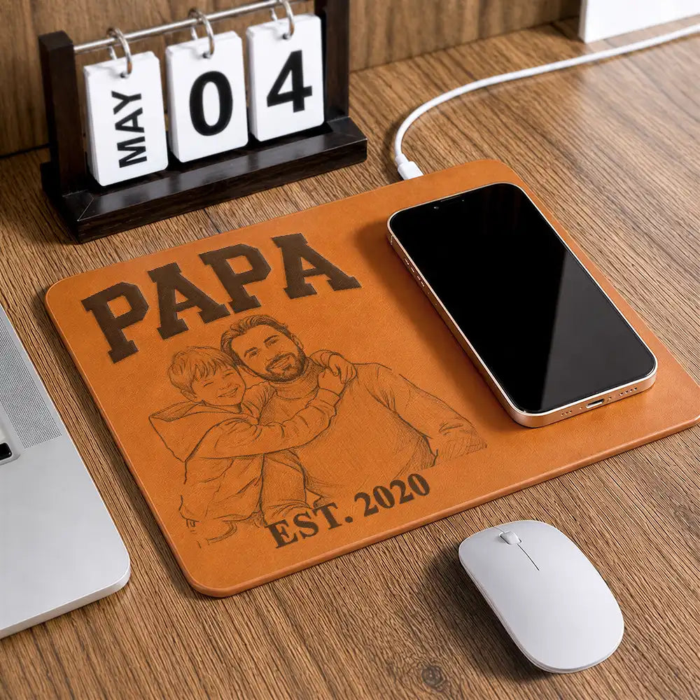 Custom Photo,Gift For Father,Gift For Grandpa,Dad - Children,Photo - Pencil Sketch (Bold),Adorable - Custom Photo Bold Sketch Dad Grandpa EST - Personalized Leather Charging Mat