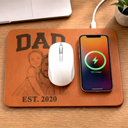 Custom Photo,Gift For Father,Gift For Grandpa,Dad - Children,Photo - Pencil Sketch (Bold),Adorable - Custom Photo Bold Sketch Dad Grandpa EST - Personalized Leather Charging Mat