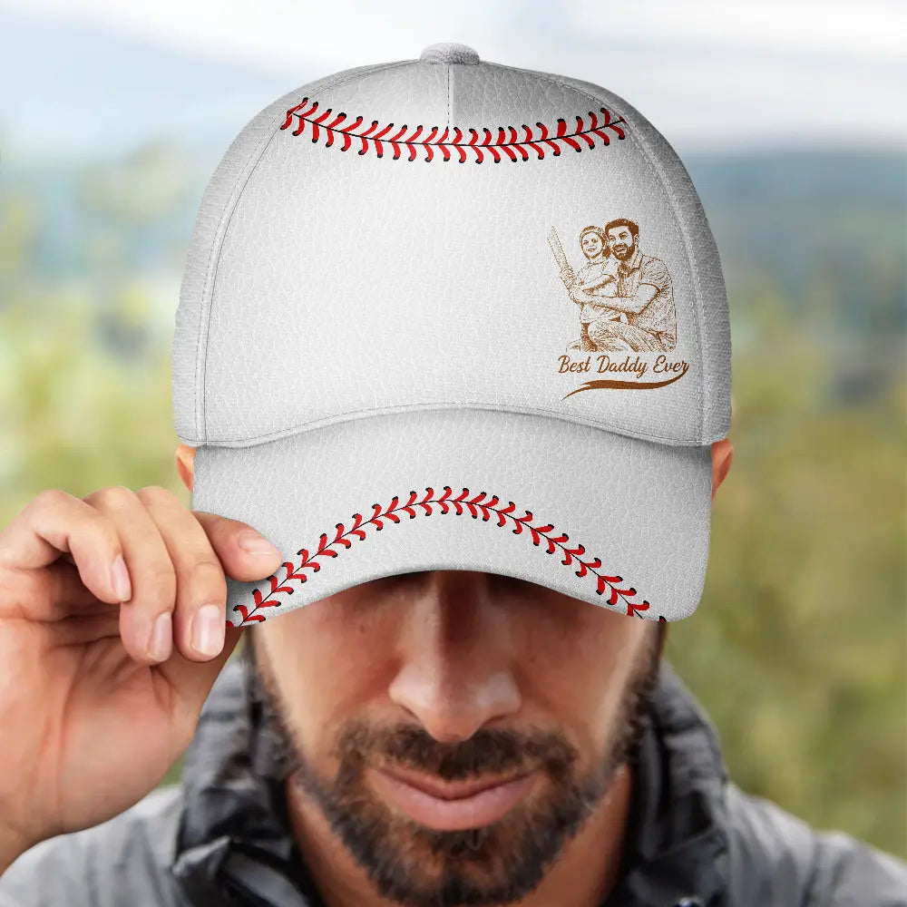 Baseball,Custom Photo,Art Design,Gift For Father,Sport Dad,Proud,Photo - Pencil Sketch - Bold - Custom Photo Bold Sketch Baseball Best Dad Grandpa Ever - Personalized Classic Cap