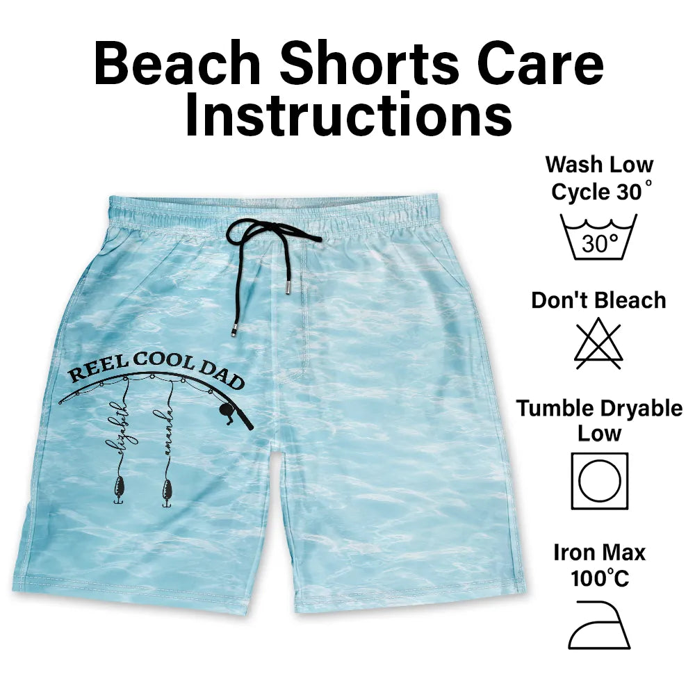 Gift For Father, Gift For Grandpa, Fishing, Non-Eng, Icon, Proud - Reel Cool Dad Grandpa - Personalized Unisex Beach Shorts
