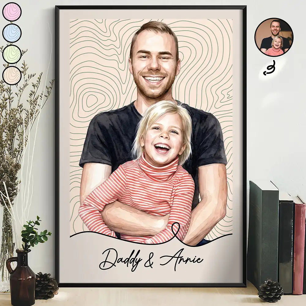 Gift For Father,Custom Photo,Art Design,Top Market,Adorable,Photo - Watercolor - Remove BG - Custom Photo Realistic Watercolor Art Dad Grandpa Portrait Topographic Pattern - Personalized Poster