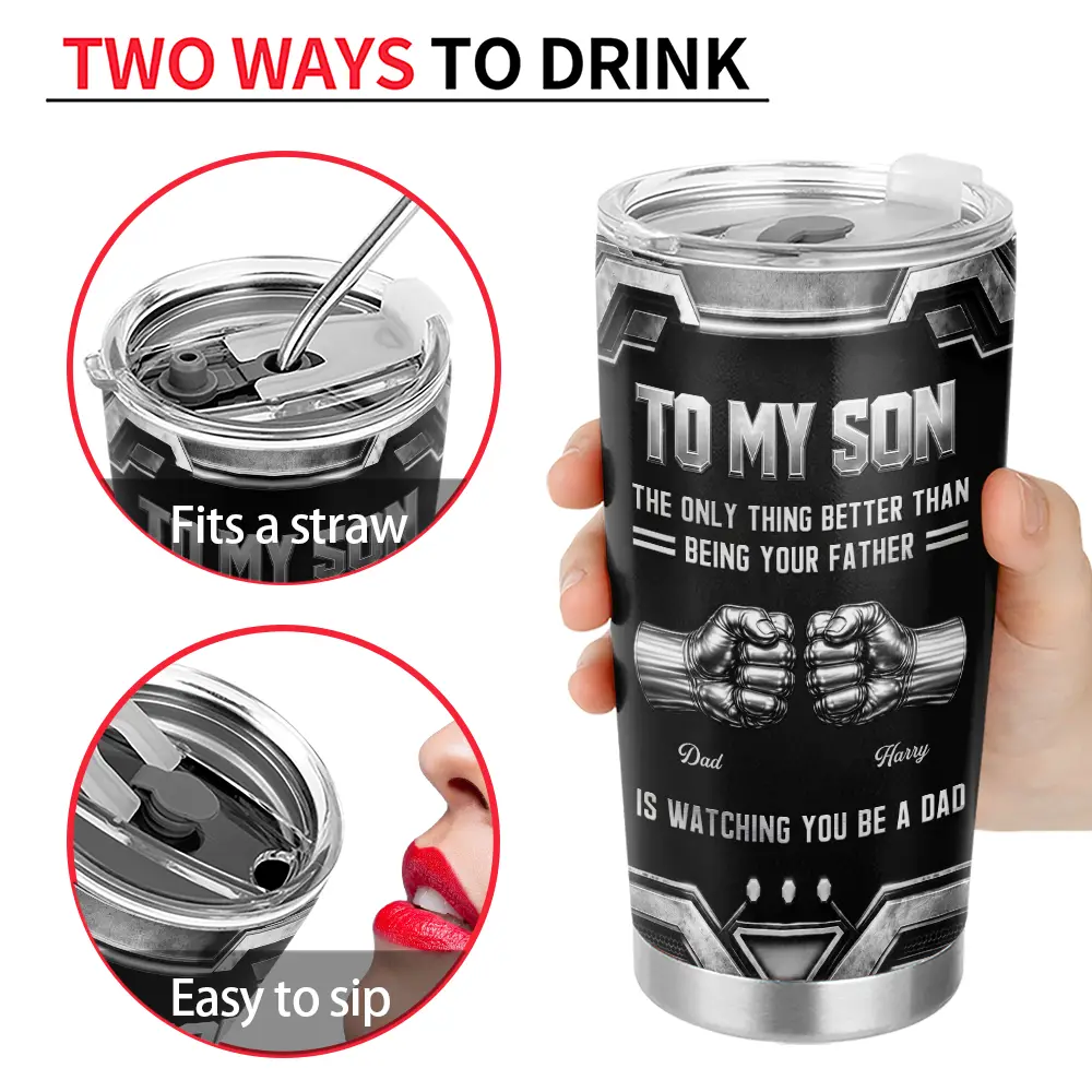 Gift For Father,Gift For Son,Dad - Son (Adult),Gift For Children,Top Market,Proud,Custom Text - 3D Metallic Effect Hand Punch Watching You Be A Dad - Personalized Tumbler