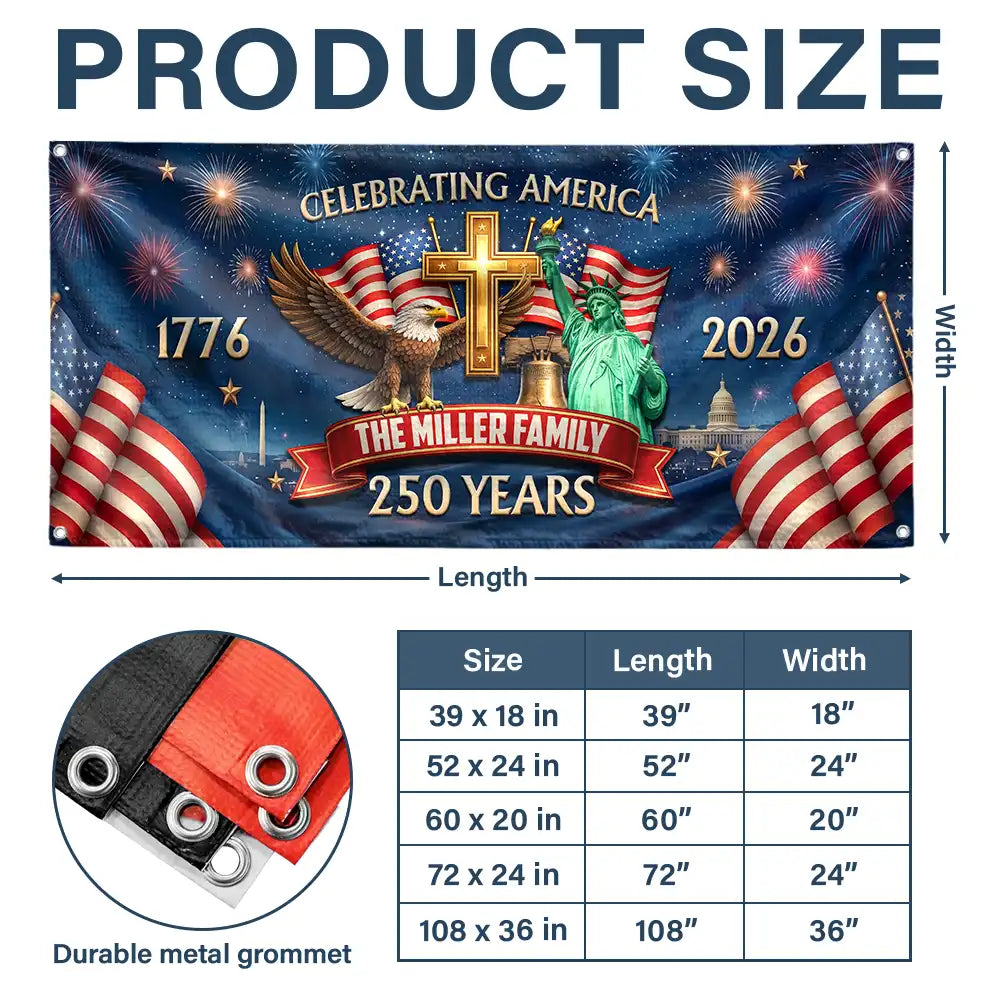 America 250th,Independence Day,Top Market,Family,Proud,Custom Text - 3D Effect Celebrating America 250 Years - Personalized Horizontal Banner