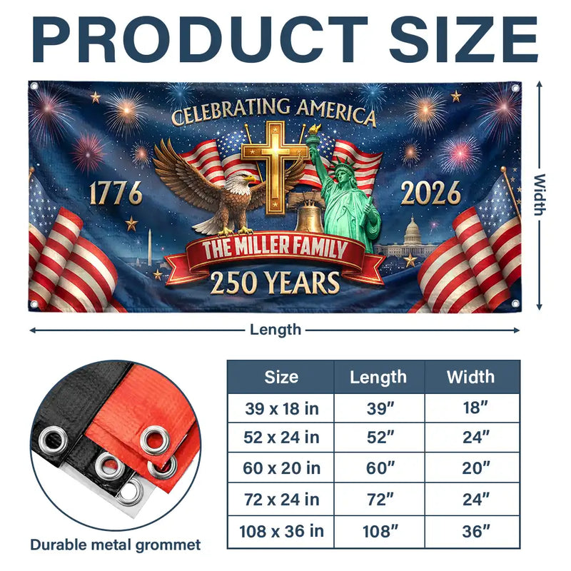 America 250th,Independence Day,Top Market,Family,Proud,Custom Text - 3D Effect Celebrating America 250 Years - Personalized Horizontal Banner