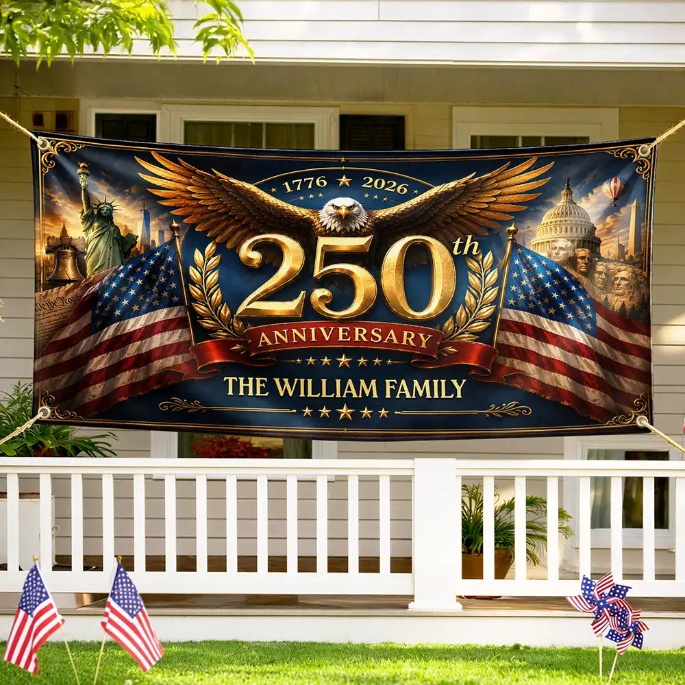 America 250th,Independence Day,Top Market,Family,Proud,Custom Text - Metal Effect Patriotic Eagle 250th Anniversary - Personalized Horizontal Banner