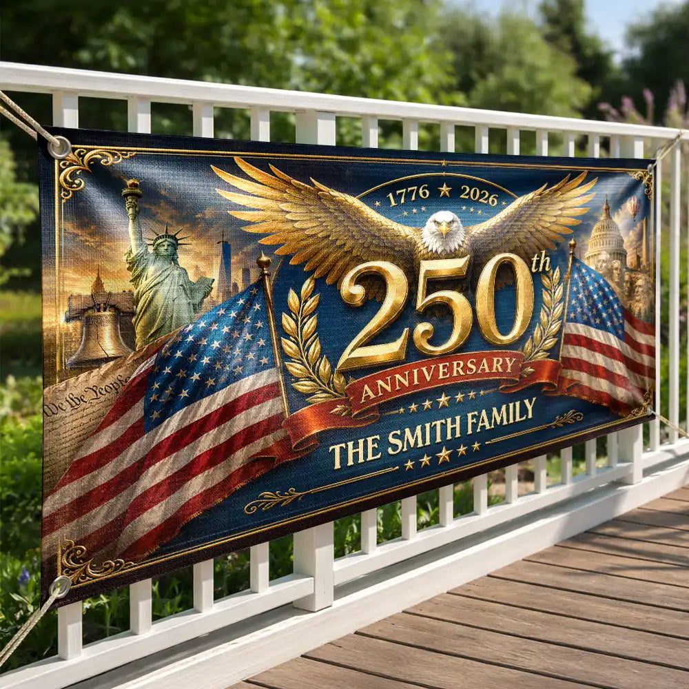 America 250th,Independence Day,Top Market,Family,Proud,Custom Text - Metal Effect Patriotic Eagle 250th Anniversary - Personalized Horizontal Banner