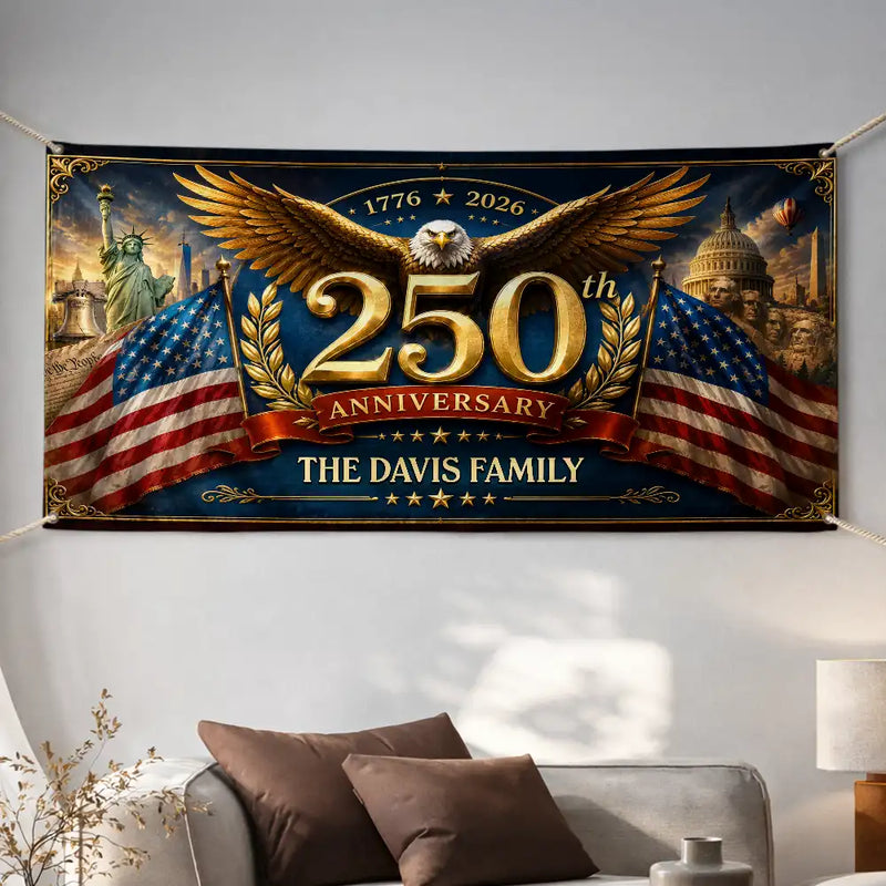 America 250th,Independence Day,Top Market,Family,Proud,Custom Text - Metal Effect Patriotic Eagle 250th Anniversary - Personalized Horizontal Banner