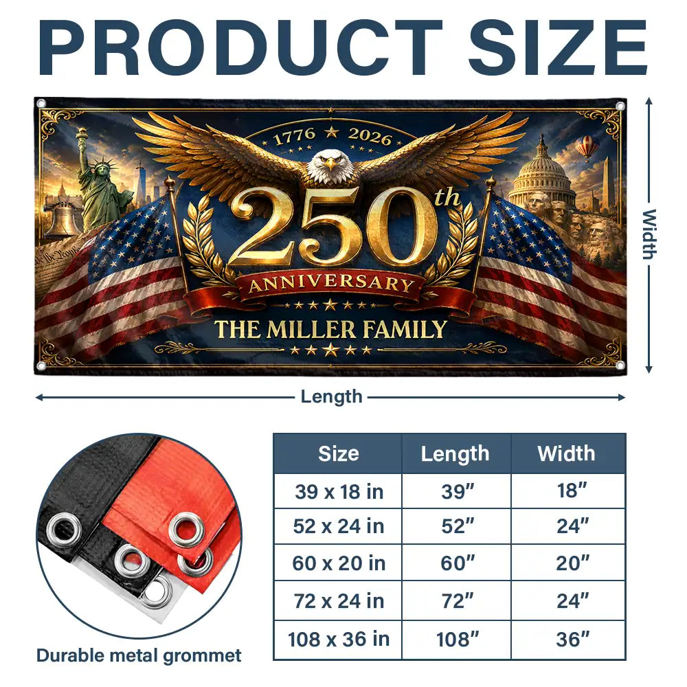 America 250th,Independence Day,Top Market,Family,Proud,Custom Text - Metal Effect Patriotic Eagle 250th Anniversary - Personalized Horizontal Banner