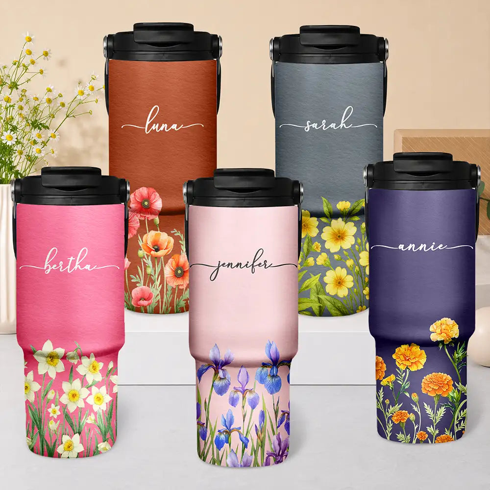 Back To School,Top Market,Teacher,Confident,Icon - Blooming With Birth Flower And Name - Personalized 30oz Tumbler With Handle