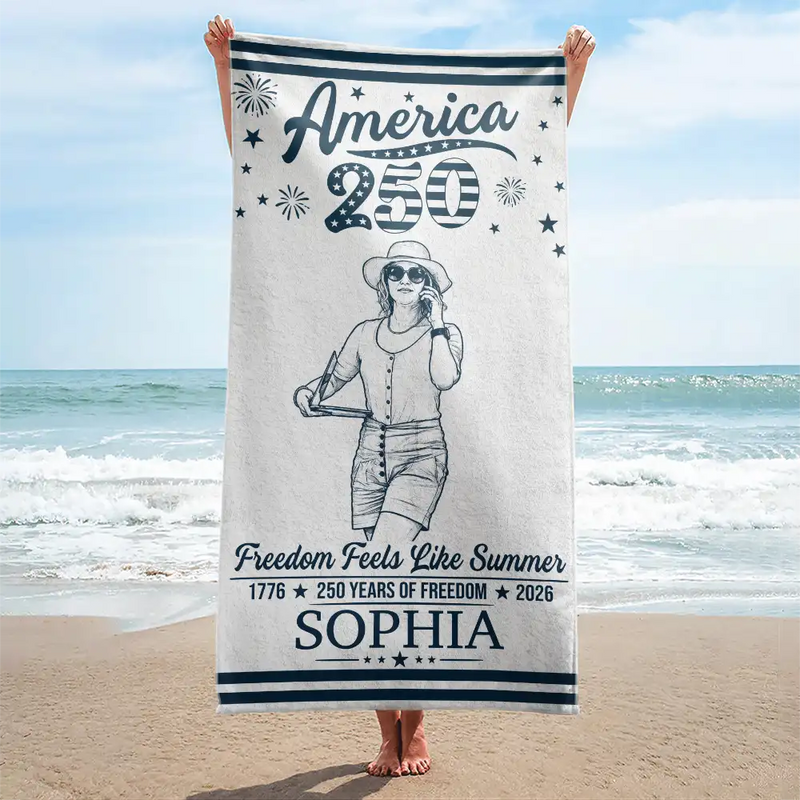 America 250th,Custom Photo,Independence Day,Art Design,Summer,Family,Proud,Photo - Pencil Sketch - Remove BG - Custom Photo Pencil Sketch America 250 Freedom Feels Like Summer - Personalized Beach Towela
