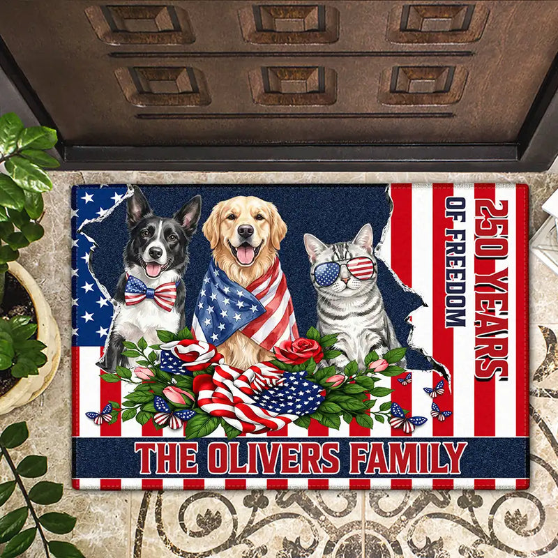 America 250th, Custom Photo, Independence Day, Art Design, Pet Lovers, Playful, Photo - US Theme Accessories Watercolor - Custom Photo Watercolor With US Accessories Patriotic Dog Cat 250 Years Of Freedom - Personalized Doormat