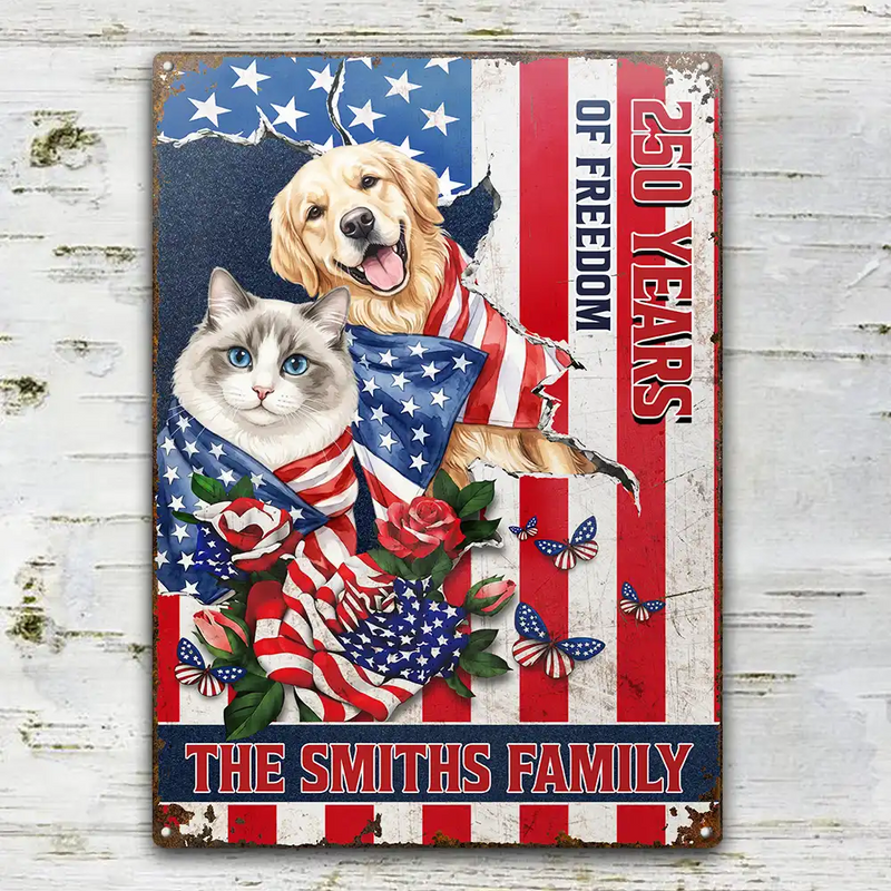 America 250th,Custom Photo,Independence Day,Art Design,Pet Lovers,Playful,Photo - US Theme Accessories Watercolor - Custom Photo Watercolor With US Accessories Patriotic Dog Cat 250 Years Of Freedom - Personalized Classic Metal Signs