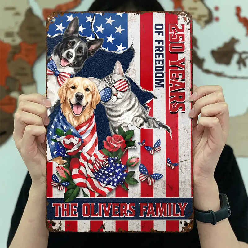 America 250th,Custom Photo,Independence Day,Art Design,Pet Lovers,Playful,Photo - US Theme Accessories Watercolor - Custom Photo Watercolor With US Accessories Patriotic Dog Cat 250 Years Of Freedom - Personalized Classic Metal Signs