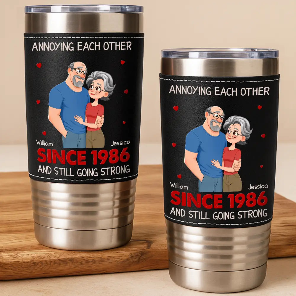 Gift For Couples,Top Market,Romantic,Vector - Vintage Animate Couple Annoying Each Other Since Year - Personalized Leather Tumbler