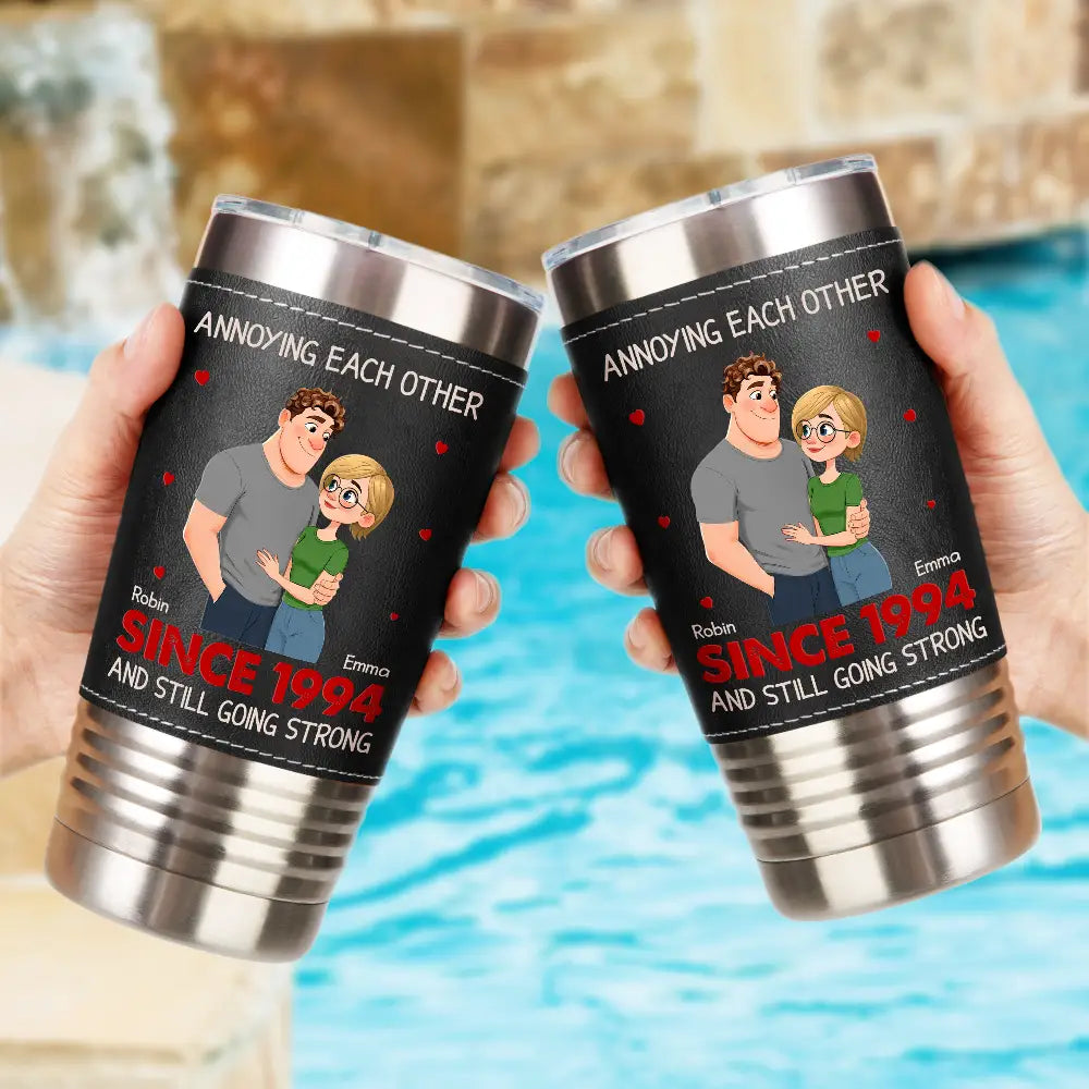 Gift For Couples,Top Market,Romantic,Vector - Vintage Animate Couple Annoying Each Other Since Year - Personalized Leather Tumbler