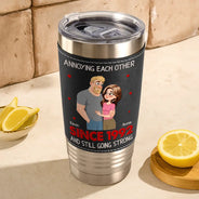 Gift For Couples,Top Market,Romantic,Vector - Vintage Animate Couple Annoying Each Other Since Year - Personalized Leather Tumbler