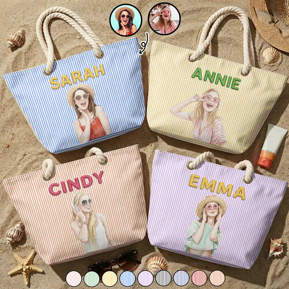 Custom Photo Pencil Sketch Portrait Bestie Family Yourself - Personalized Beach Bag